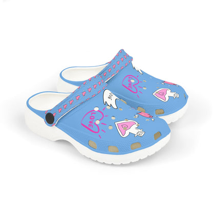 Blue Printify clogs for girls with pink heart and love bottle designs and adjustable strap