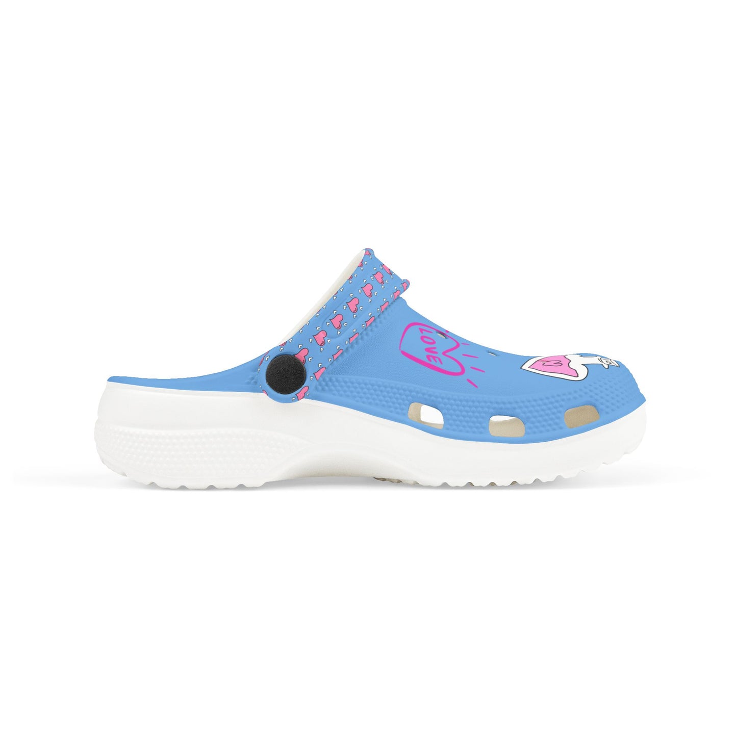 Printify blue clogs for girls with white soles and pink heart and cat designs