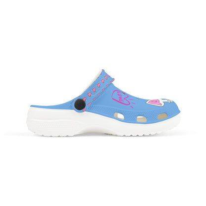 Printify blue clogs for girls with white soles and pink heart and cat designs