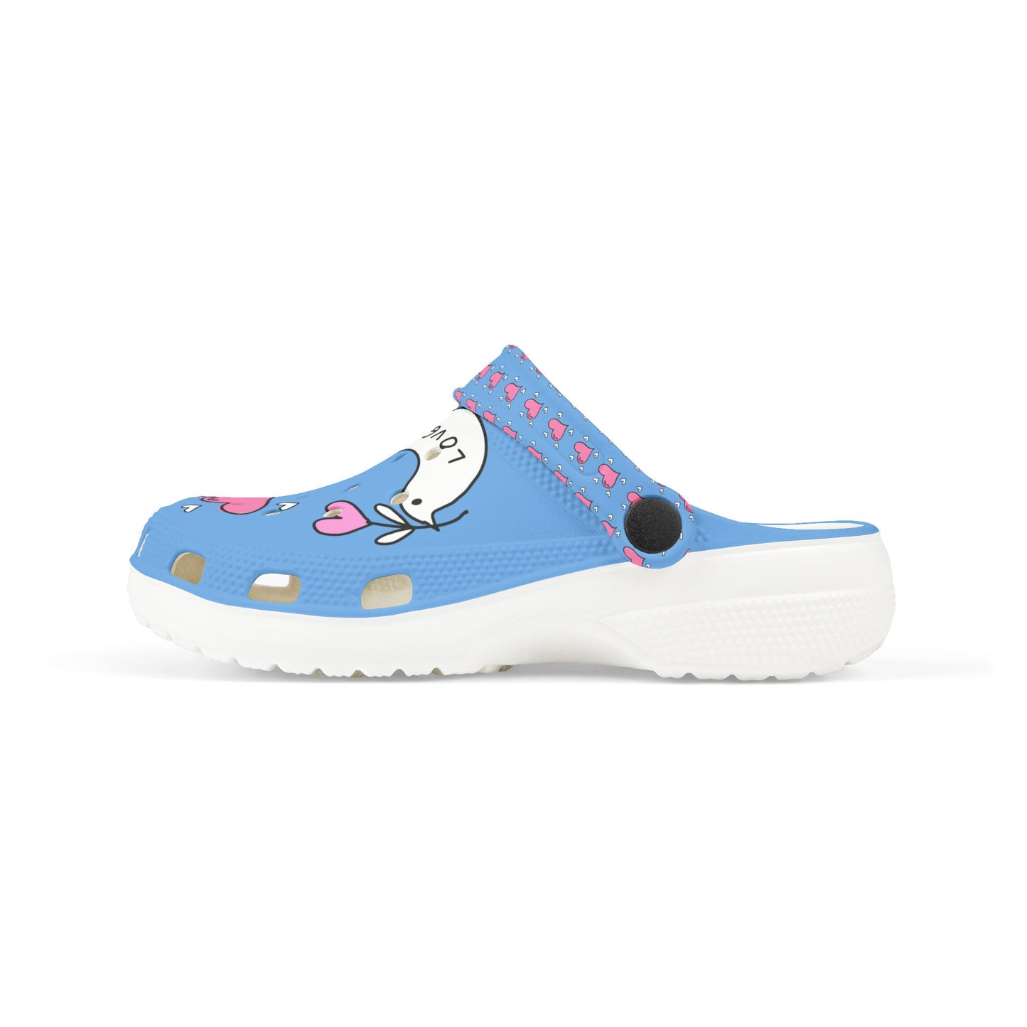 Blue Printify clogs for girls featuring cute heart and bird designs with a white sole