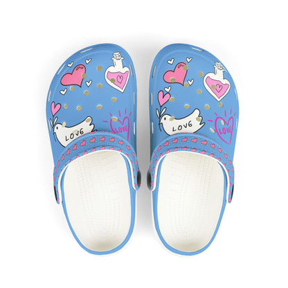 Blue Printify clogs for girls with love heart and potion bottle designs