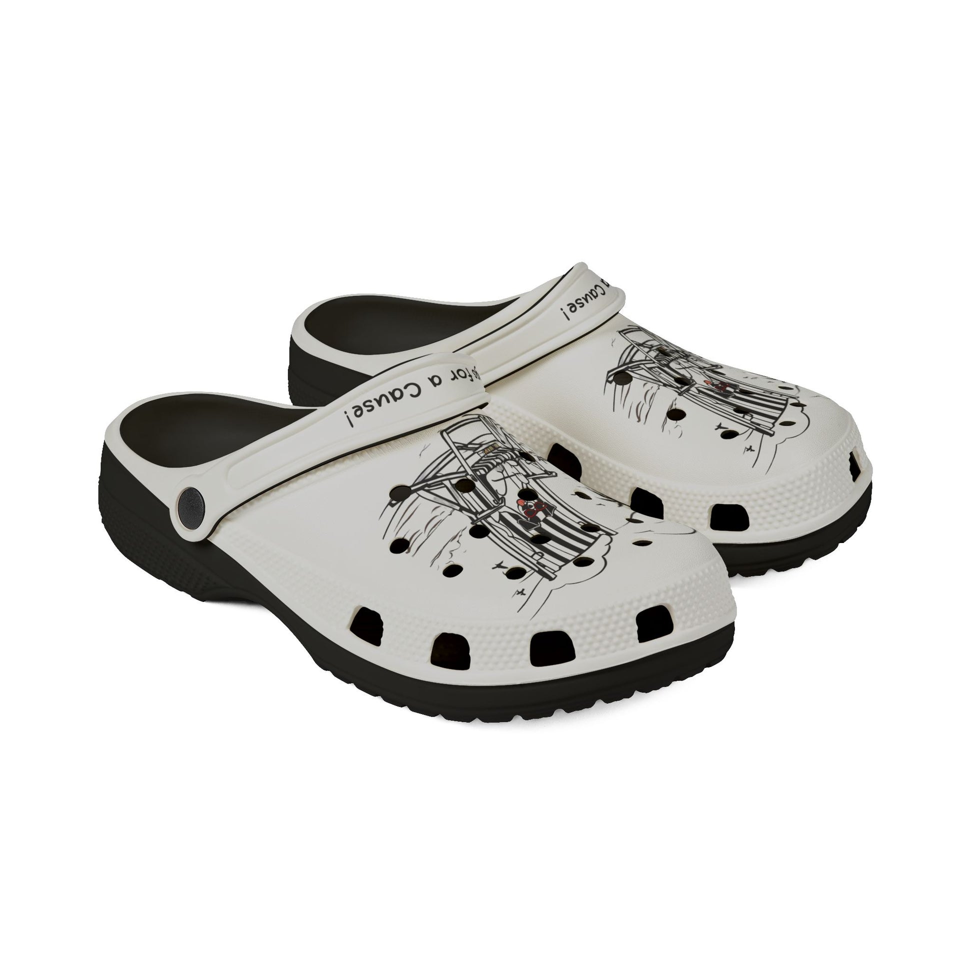 Printify white clogs for men with black soles and artistic car graphic design