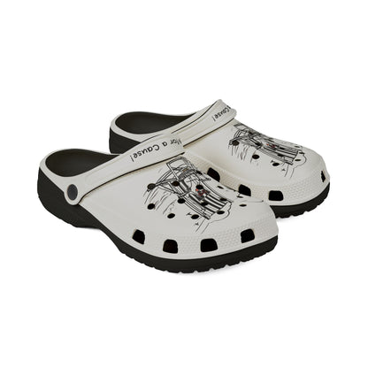 Printify white clogs for men with black soles and artistic car graphic design
