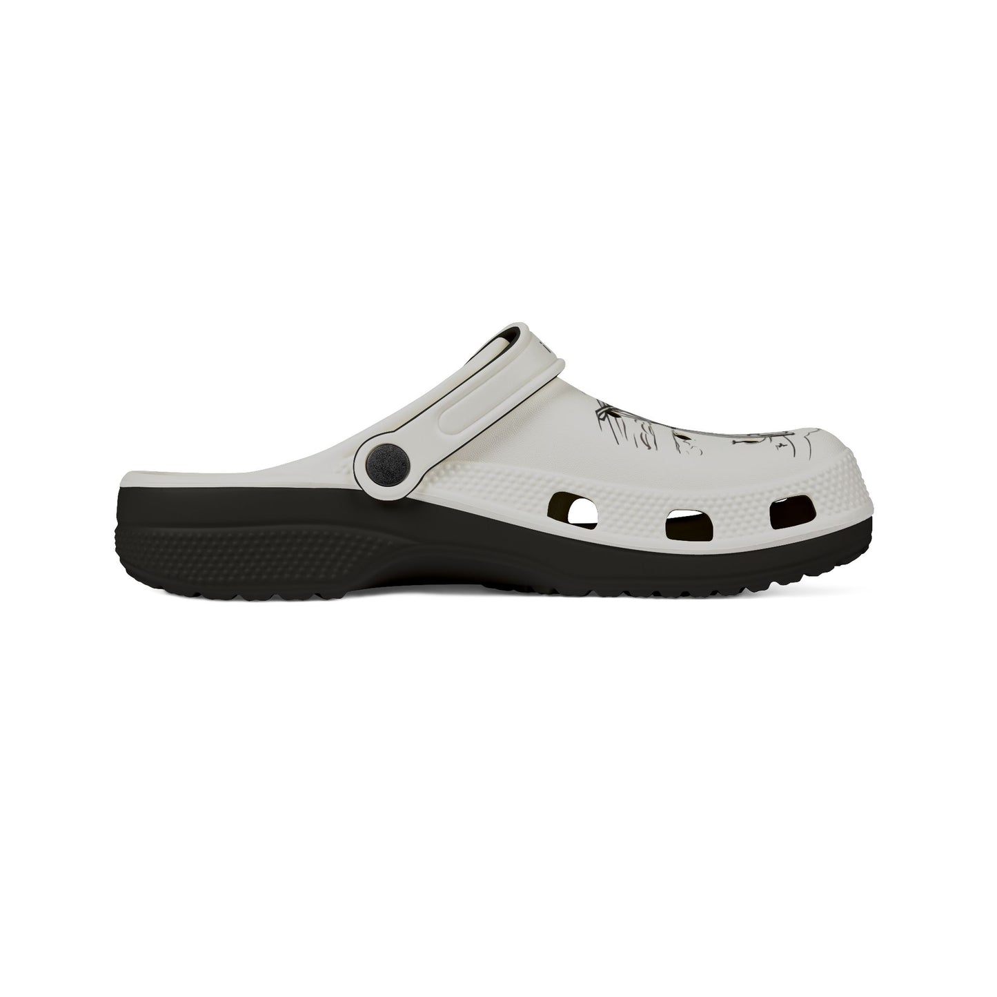 Printify white and black clogs for men with ventilation holes and adjustable heel strap