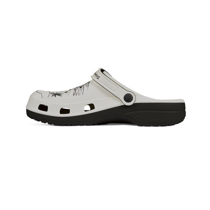 Printify white and black clogs for men with palm tree design and adjustable strap