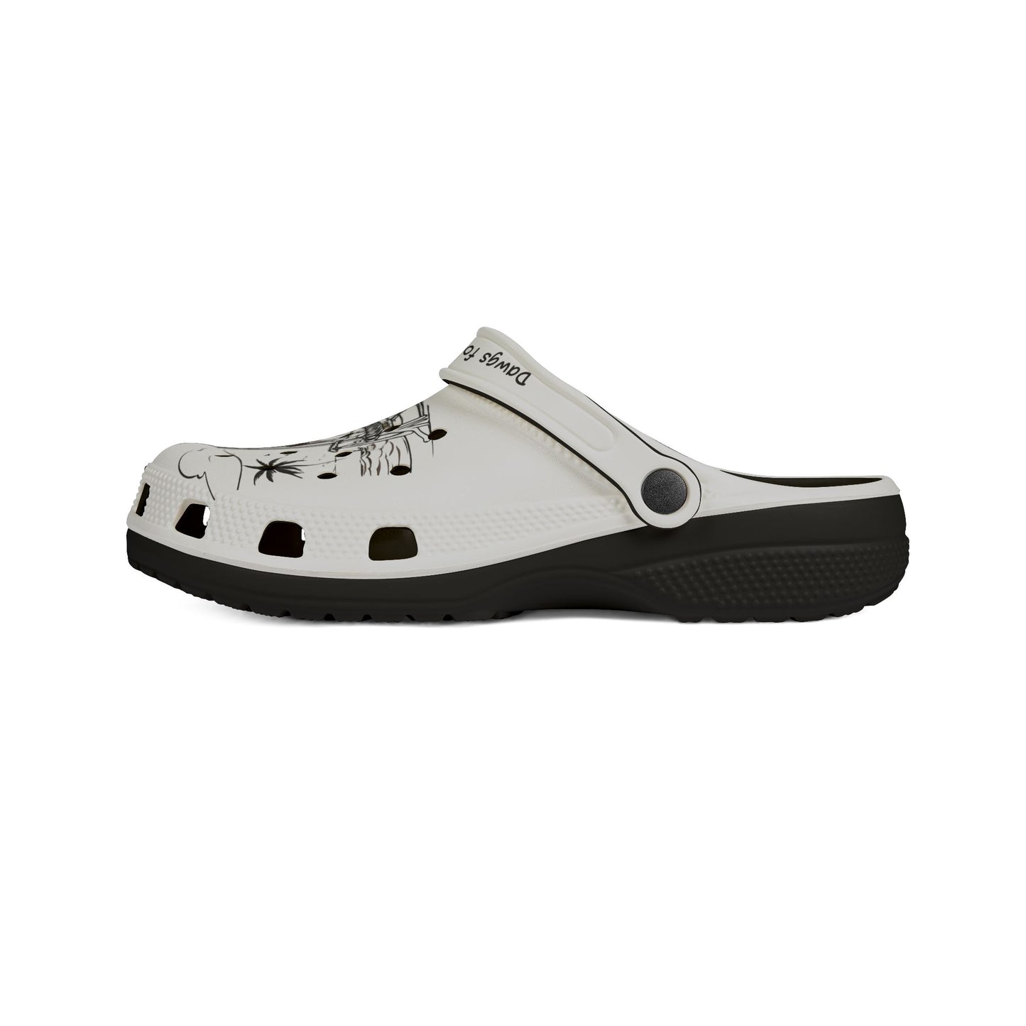Printify white and black clogs for men with floral design and adjustable strap