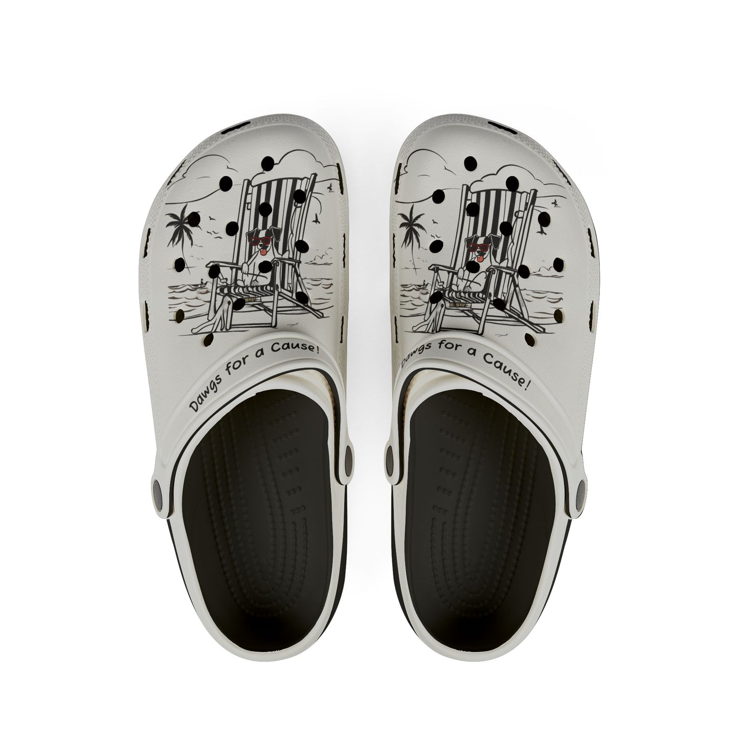 Printify clogs for men in white with black beach chair and palm tree design and text Dawgs for a Cause