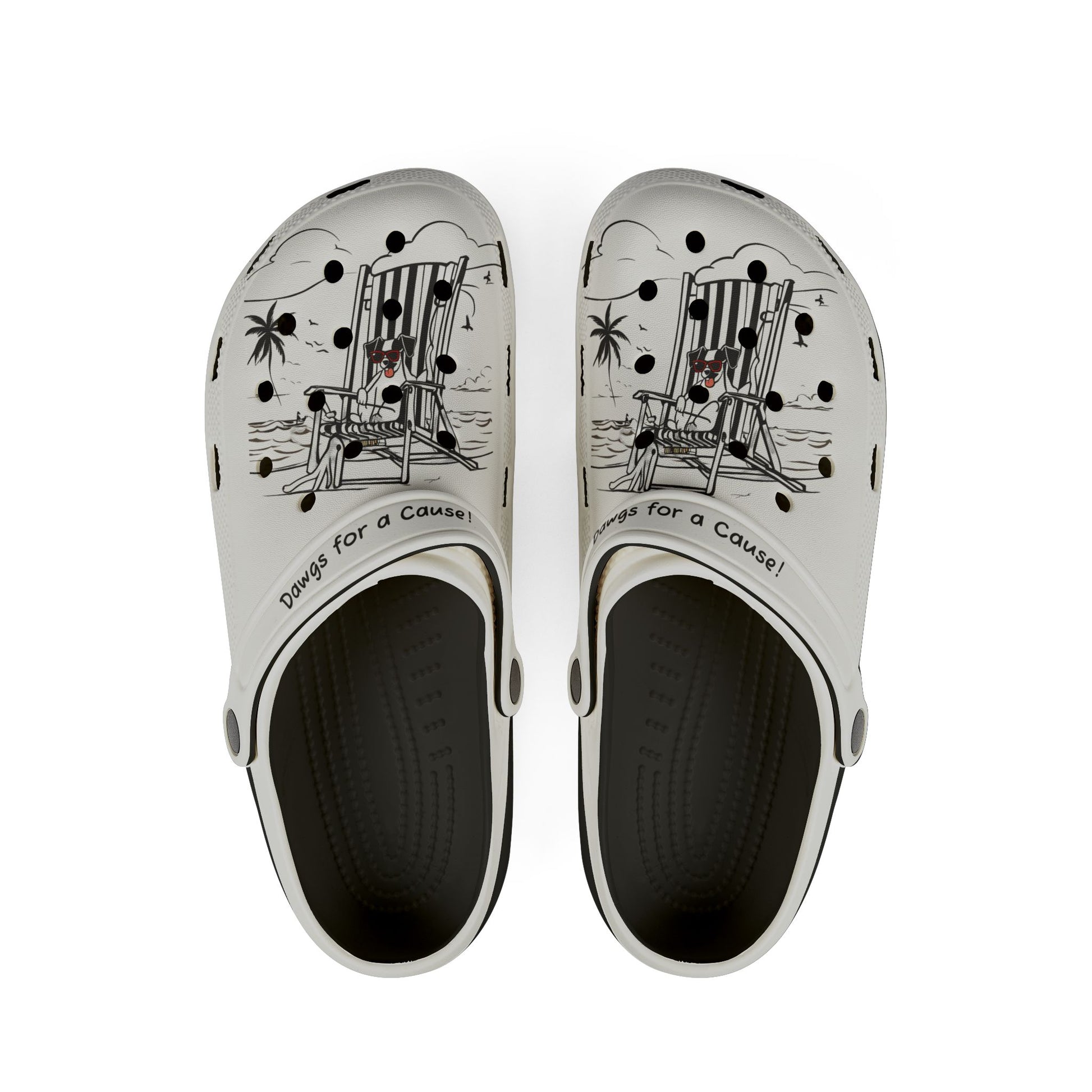 Printify clogs for men in white with black beach chair and palm tree design and text Dawgs for a Cause