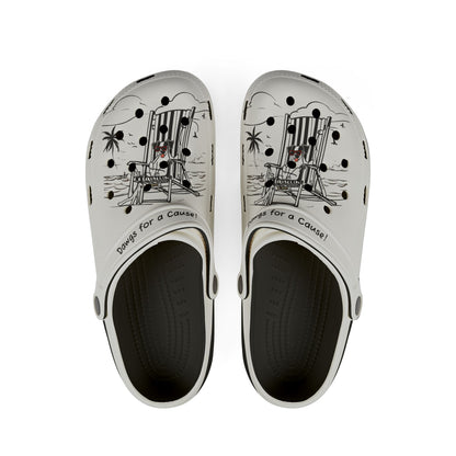 Printify clogs for men in white with black beach chair and palm tree design and text Dawgs for a Cause