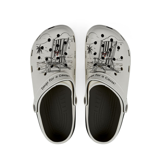 Printify clogs for men in white with black beach chair and palm tree design and text Dawgs for a Cause
