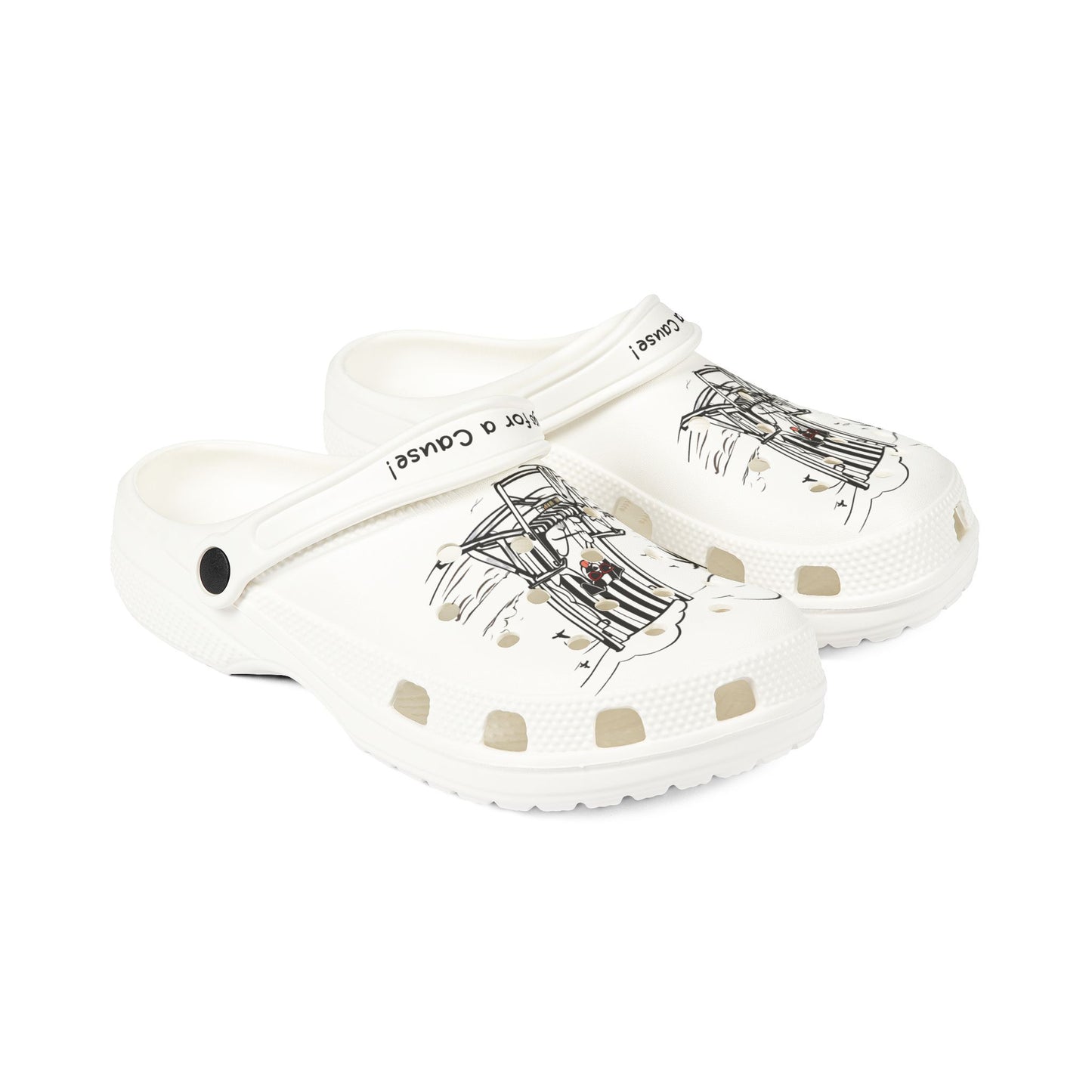 White Printify clogs for men with black and gray graphic design and adjustable heel strap