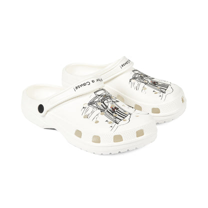 White Printify clogs for men with black and gray graphic design and adjustable heel strap