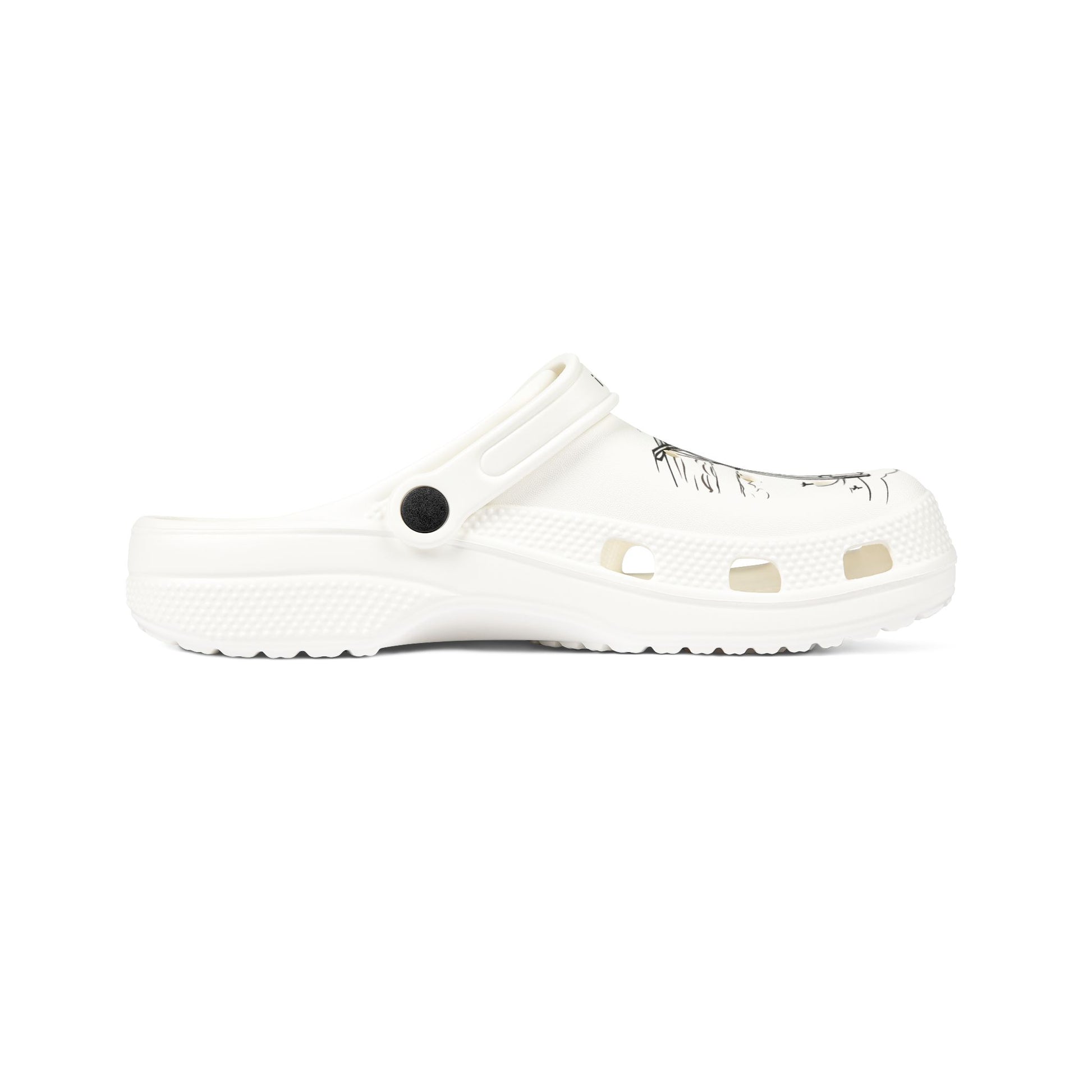 White Printify clogs for men with ventilation holes and adjustable heel strap for comfort