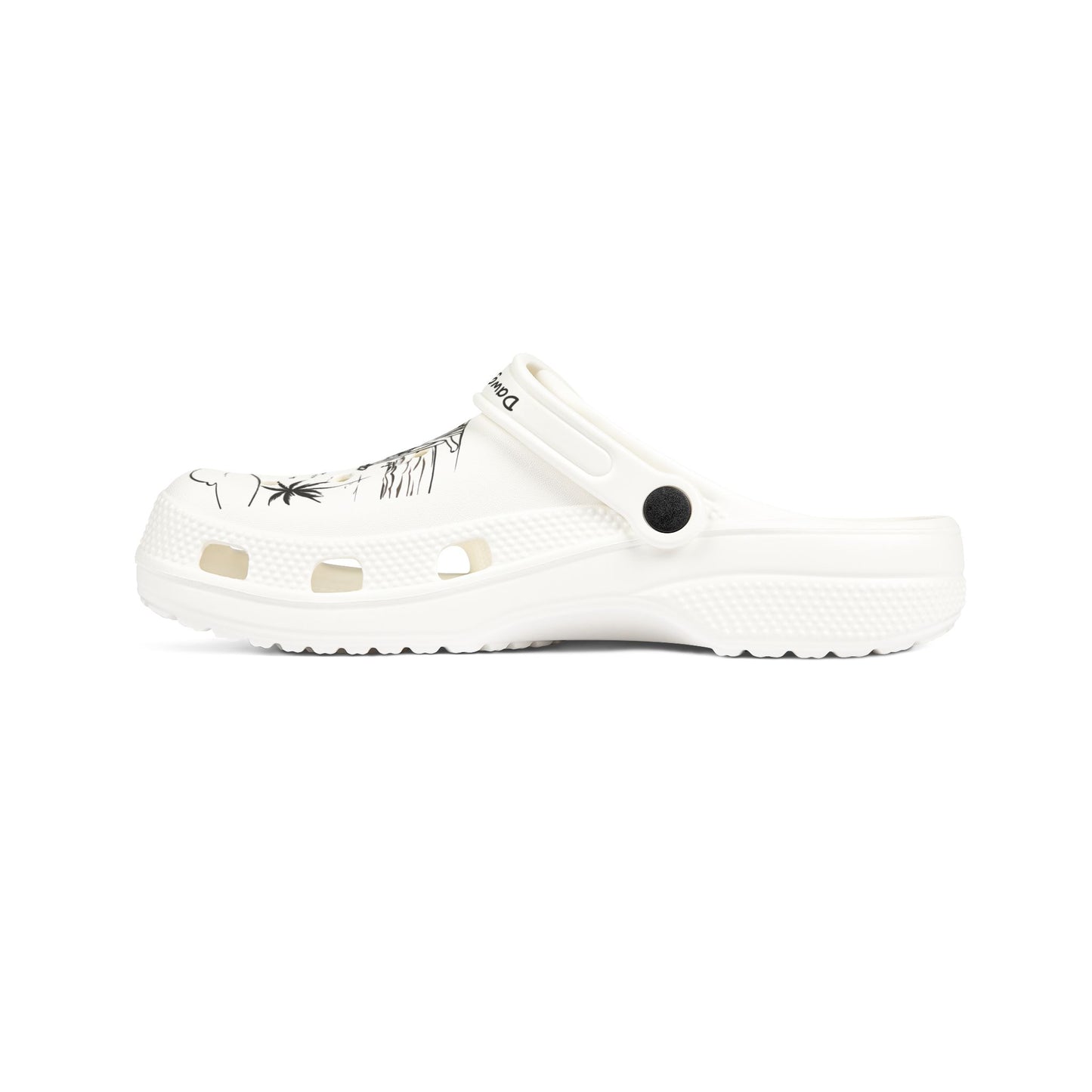 White Printify clogs for men with black botanical print and adjustable strap