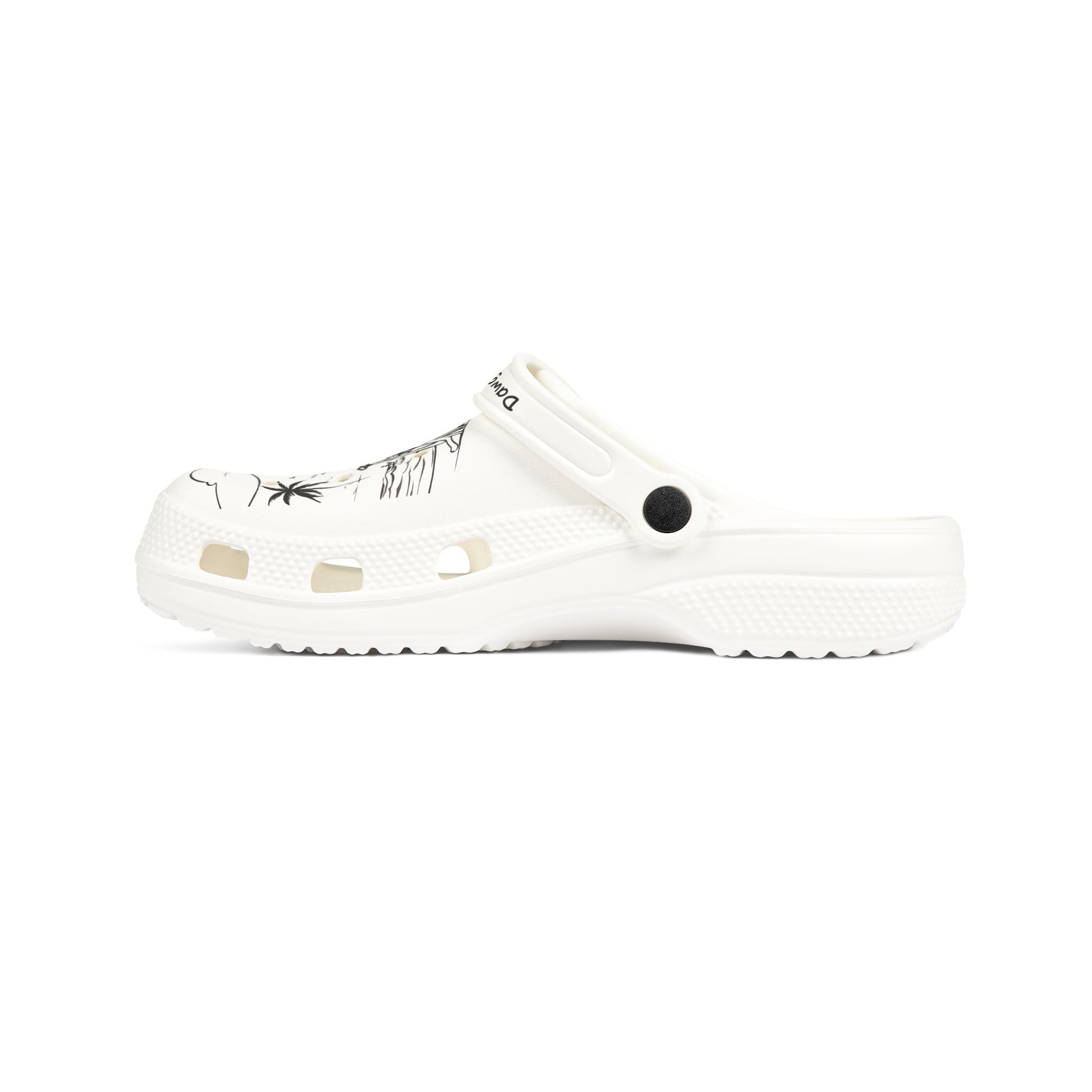 White Printify clogs for men with black botanical print and adjustable strap