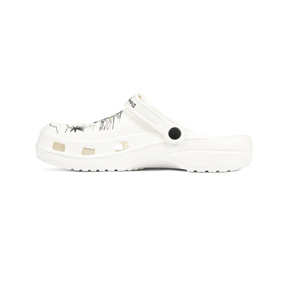 White Printify clogs for men with black botanical print and adjustable strap
