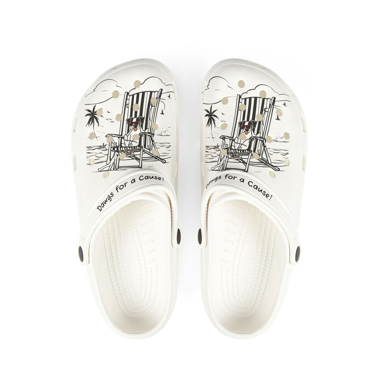 Printify white clogs for men with beach chair and palm tree design and slogan dawgs for a cause