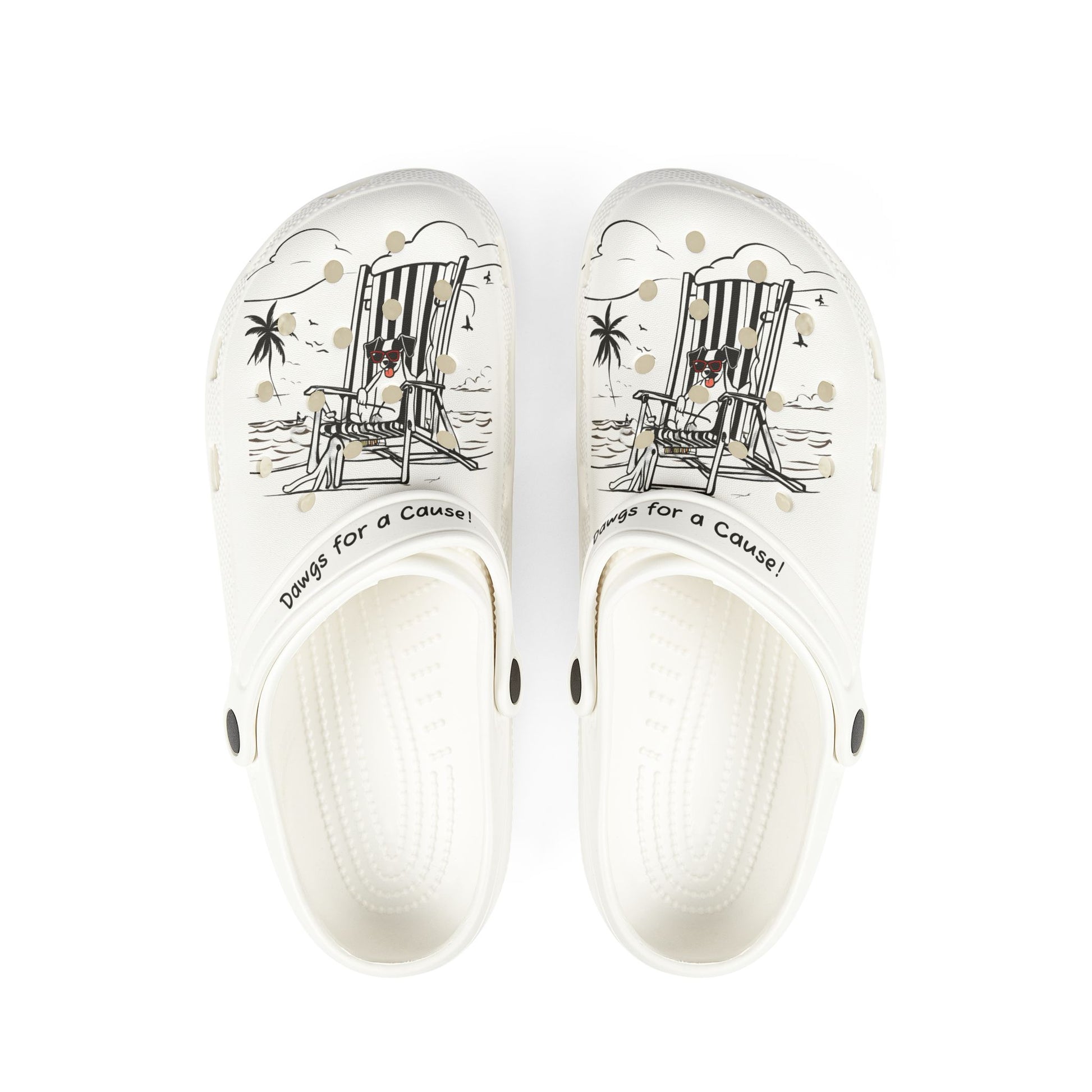 Printify white clogs for men with beach chair and palm tree design and slogan dawgs for a cause