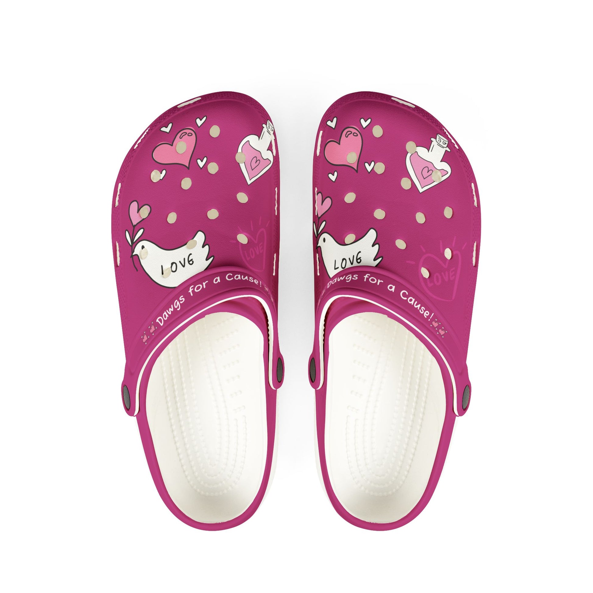 Printify pink clogs for women with heart and love designs and white cushioned footbed