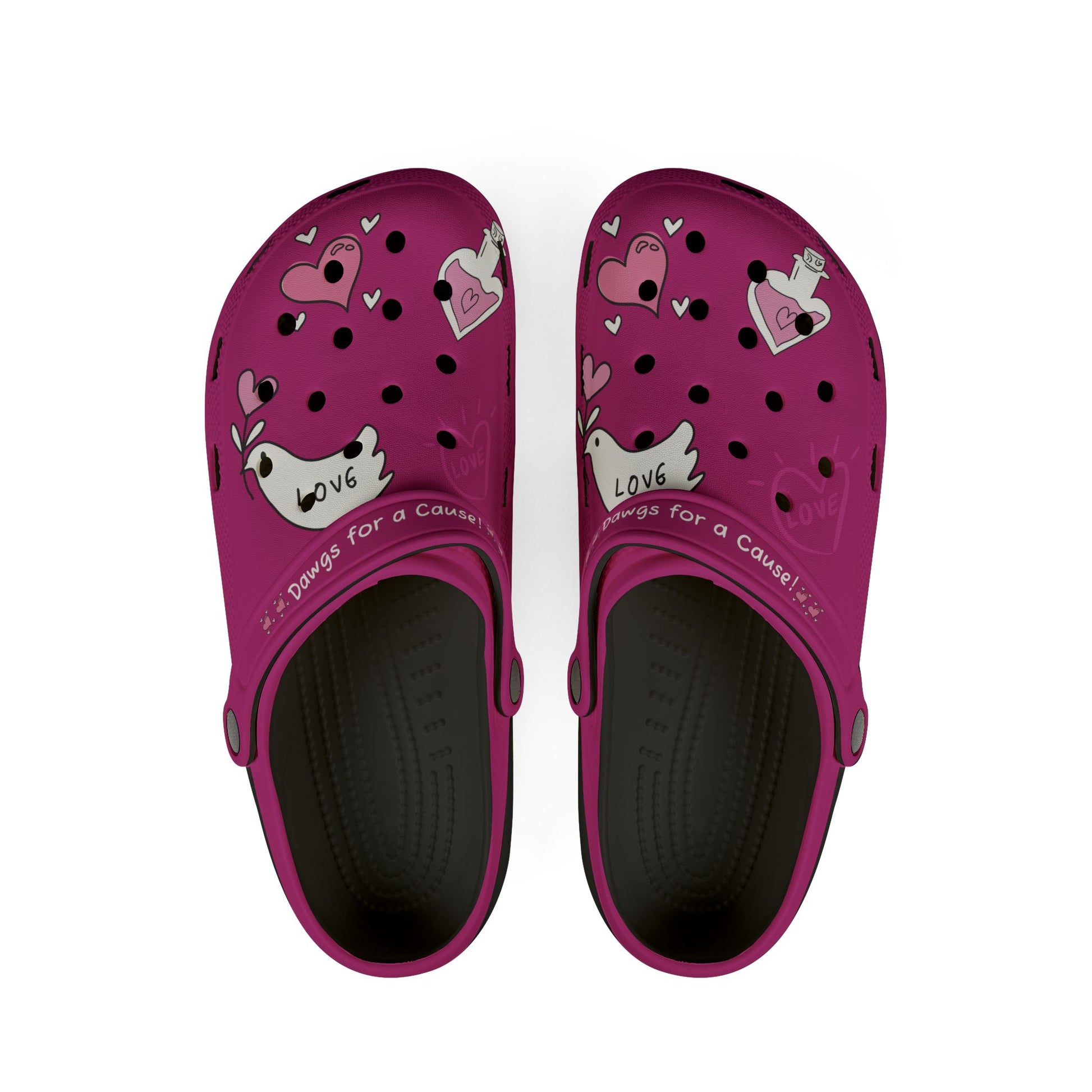 Printify purple clogs for women with love and heart designs and black cushioned insoles