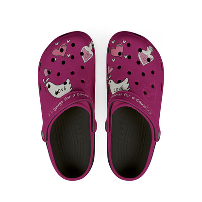 Printify purple clogs for women with love and heart designs and black cushioned insoles