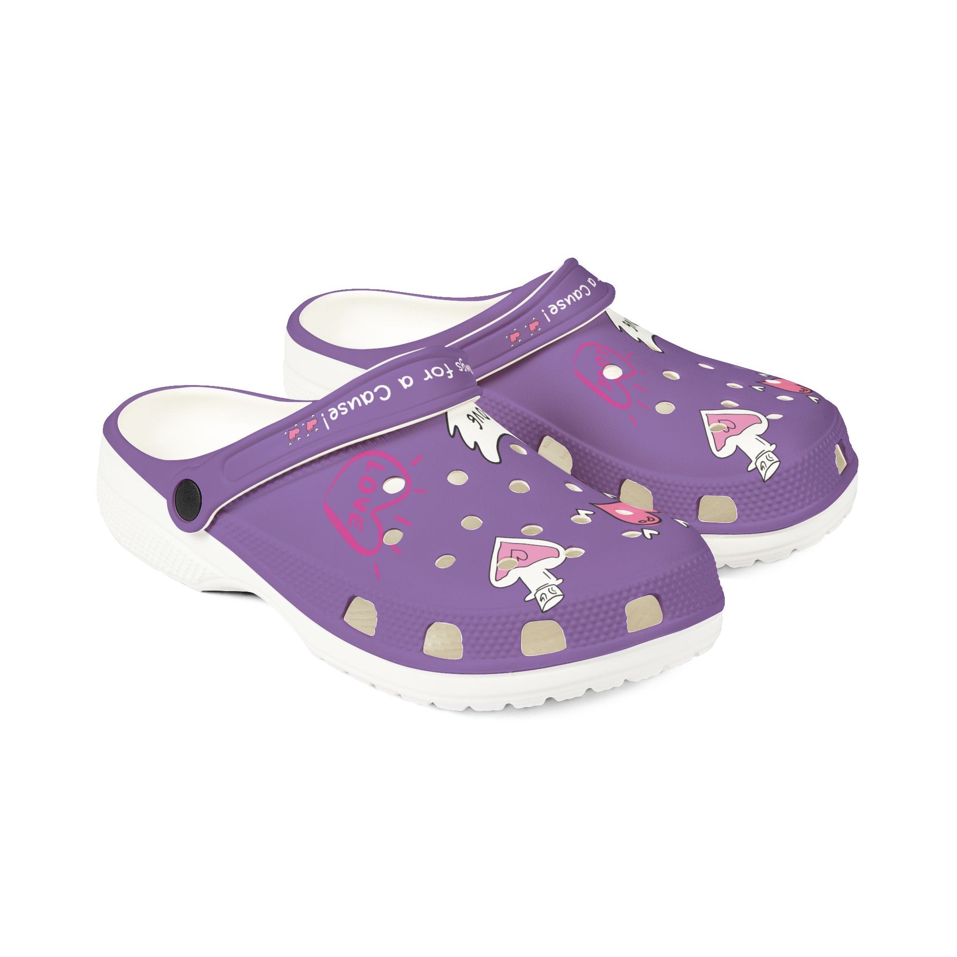 Purple Printify clogs for Women with heart and ghost graphics and white soles