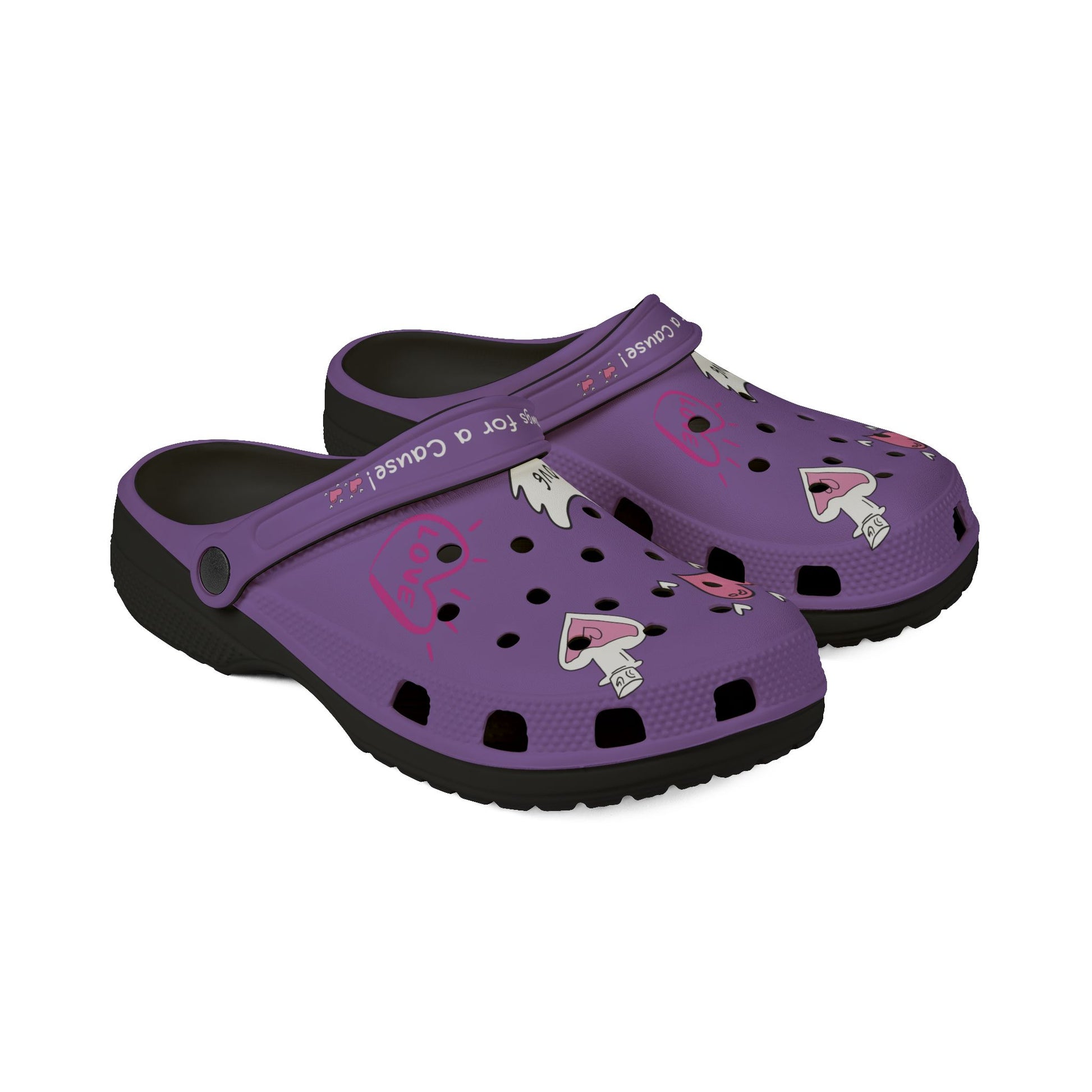 Purple Printify clogs for Women with heart and hand designs and adjustable heel strap