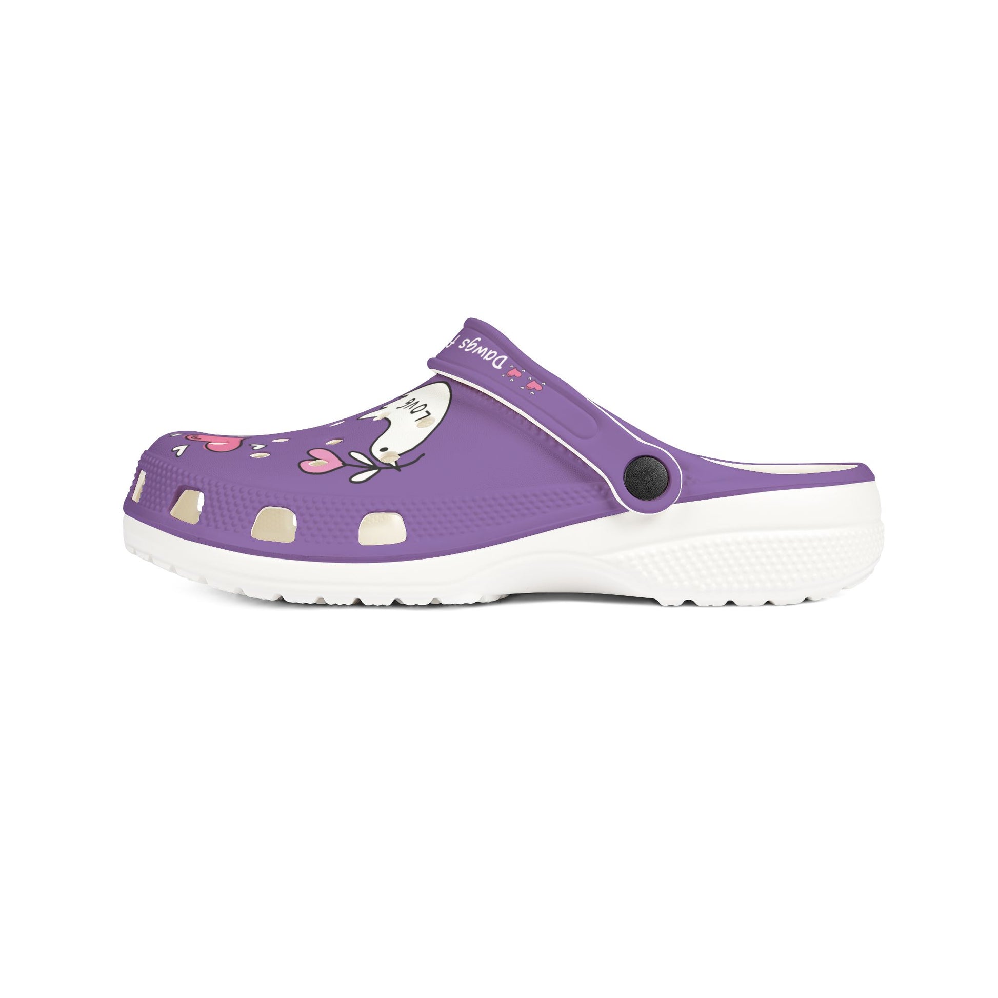 Printify purple clogs for Women with cute animal and heart designs and white sole