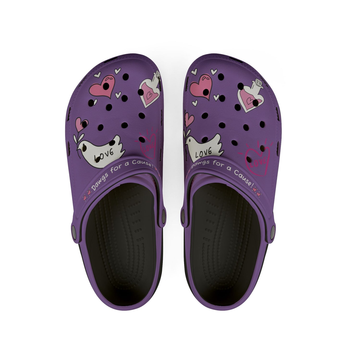 Purple clogs for Women with love heart and dog paw print design by Printify