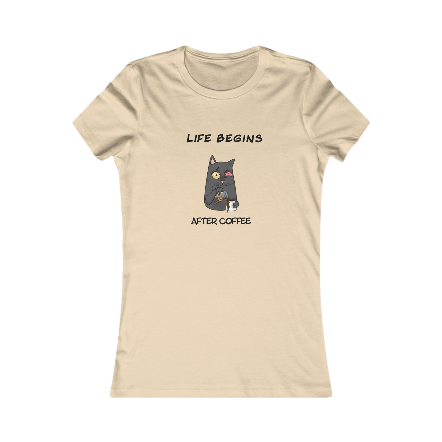 Beige Printify T-shirt with Life Begins After Coffee Cat Graphic for coffee and tees fans