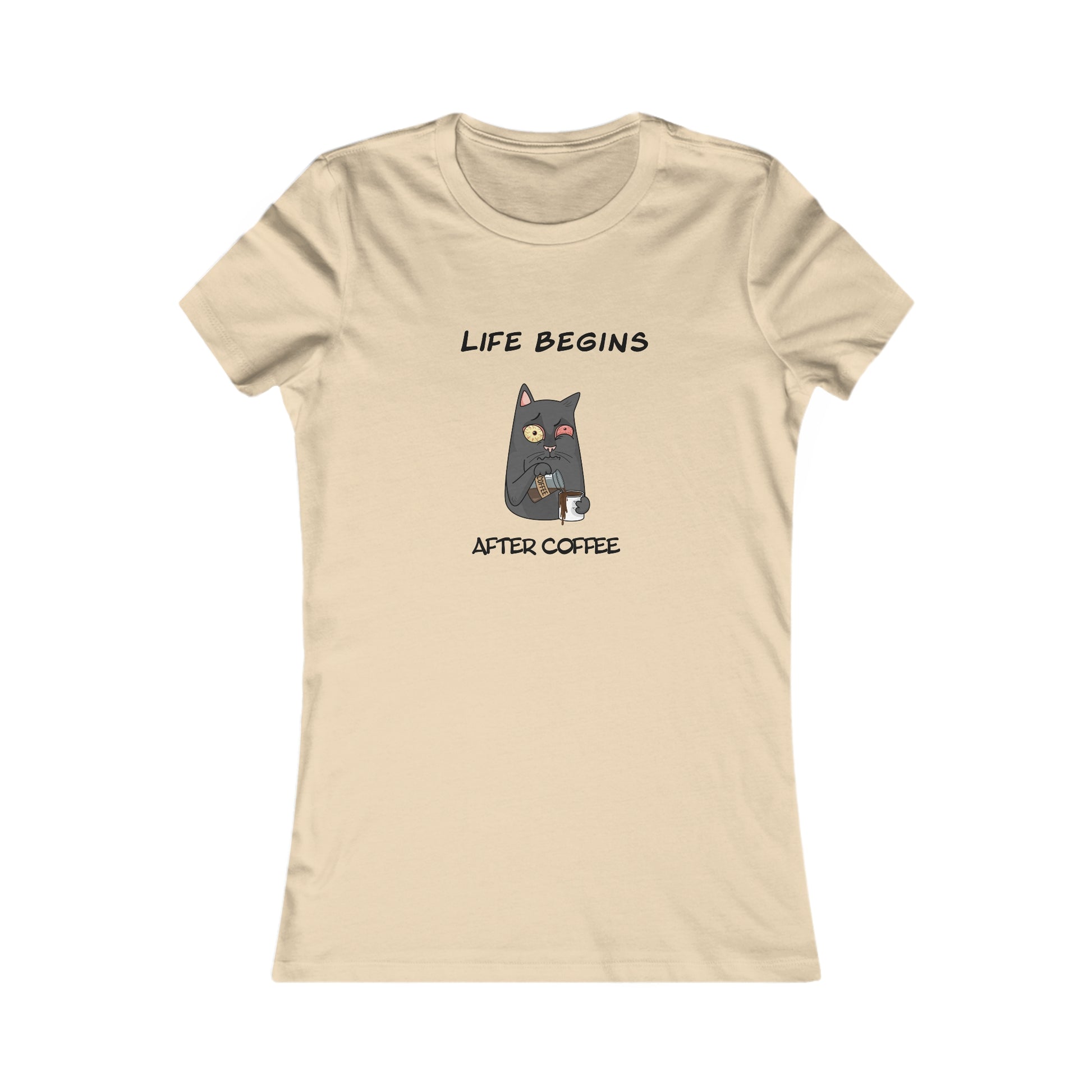 Beige Printify T-shirt with Life Begins After Coffee Cat Graphic for coffee and tees fans