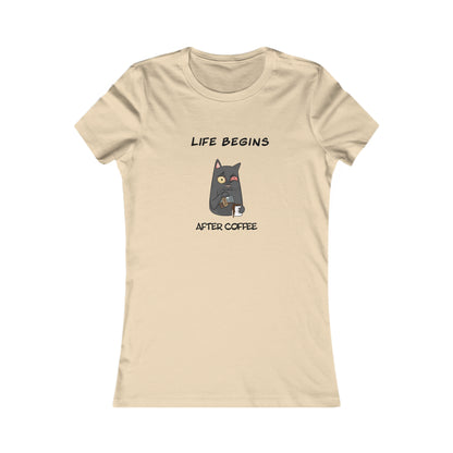 Beige Printify T-shirt with Life Begins After Coffee Cat Graphic for coffee and tees fans