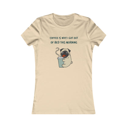 Beige Printify T-shirt with coffee and tees design featuring a pug holding a steaming cup