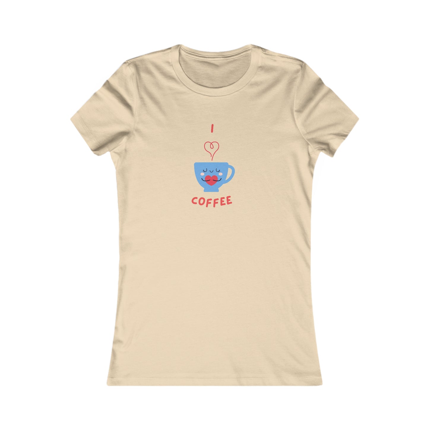 Beige Printify t-shirt with cute blue coffee cup and text I love coffee coffee and tees design
