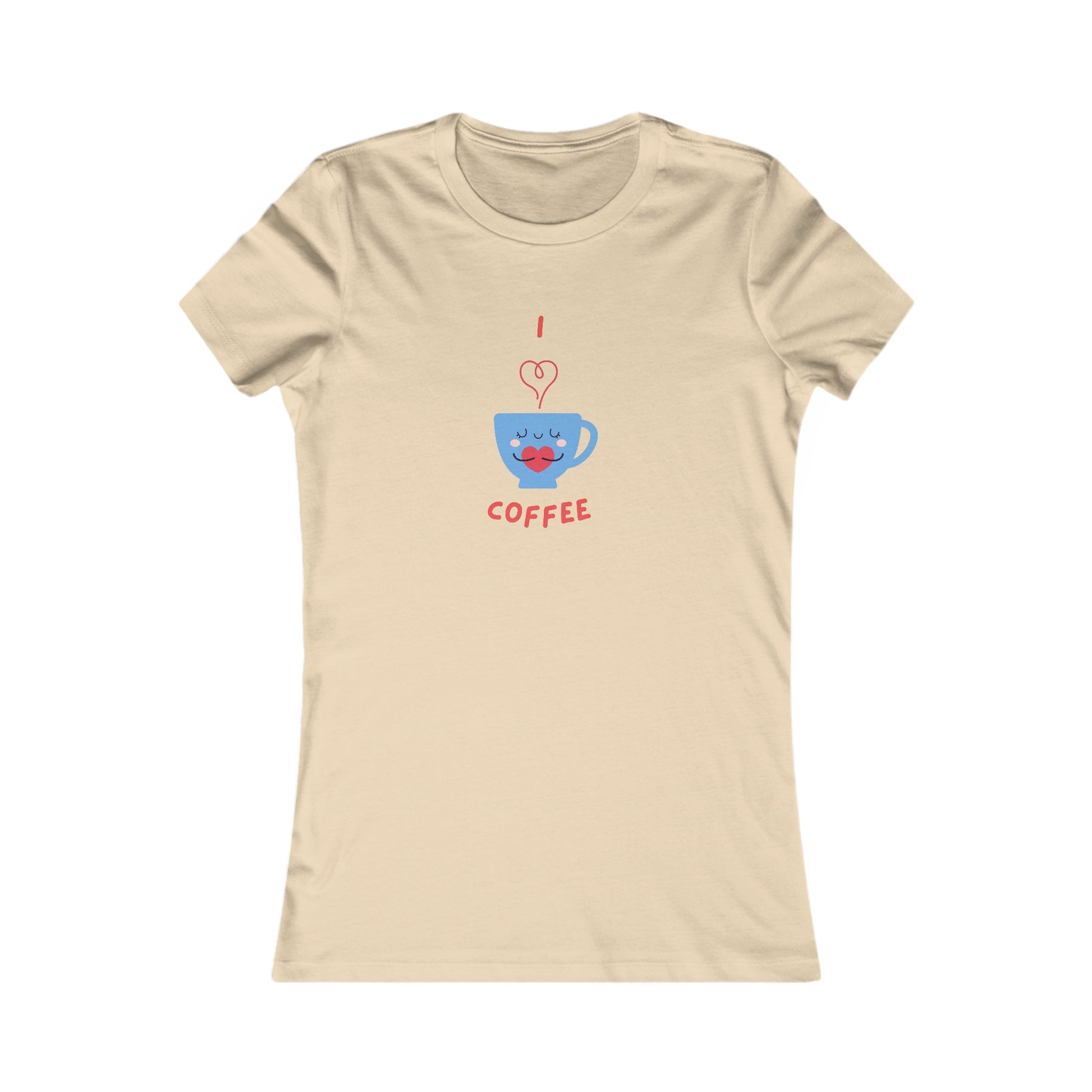 Beige Printify t-shirt with cute blue coffee cup and text I love coffee coffee and tees design