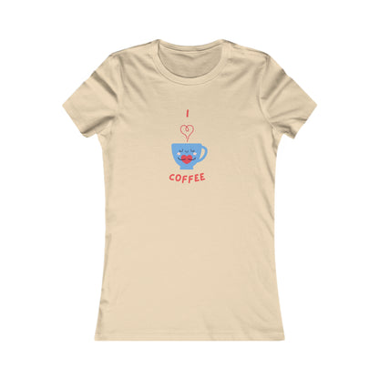 Beige Printify t-shirt with cute blue coffee cup and text I love coffee coffee and tees design