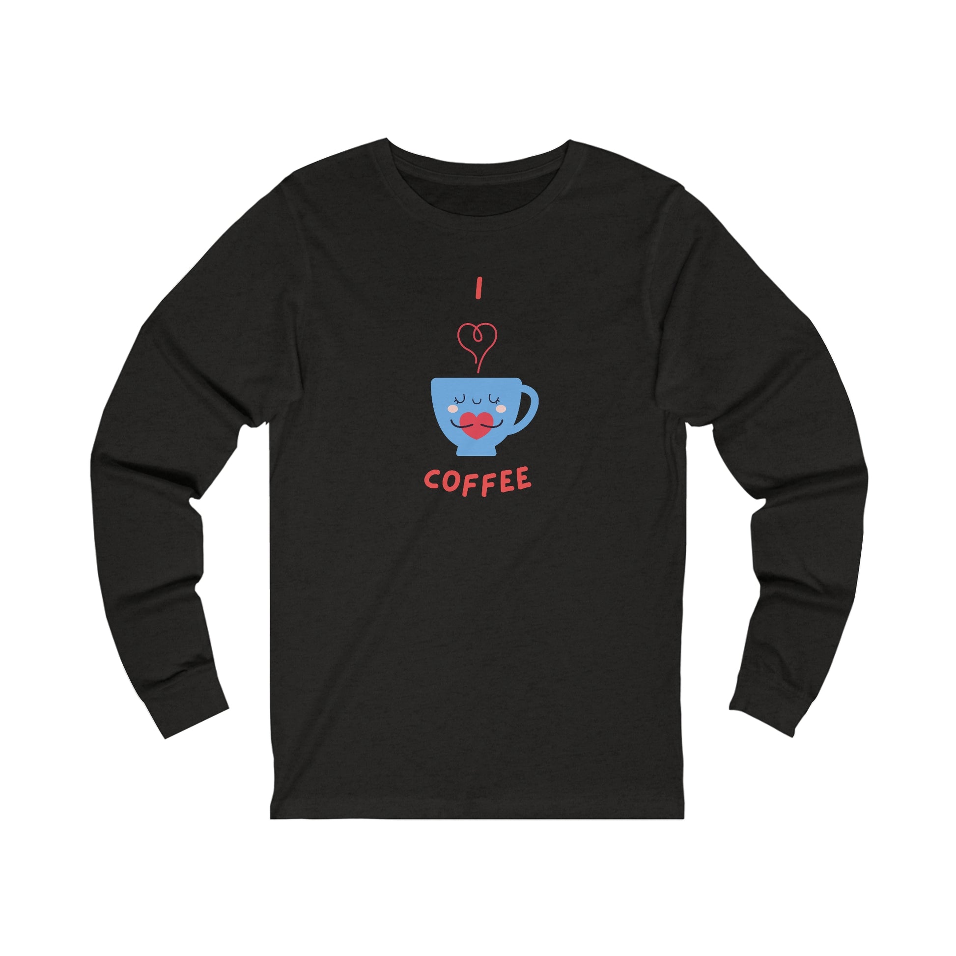 Printify long-sleeve black shirt with a blue coffee cup and red heart design coffee and tees