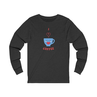 Printify black long-sleeve shirt with cute blue coffee cup and heart design coffee and tees