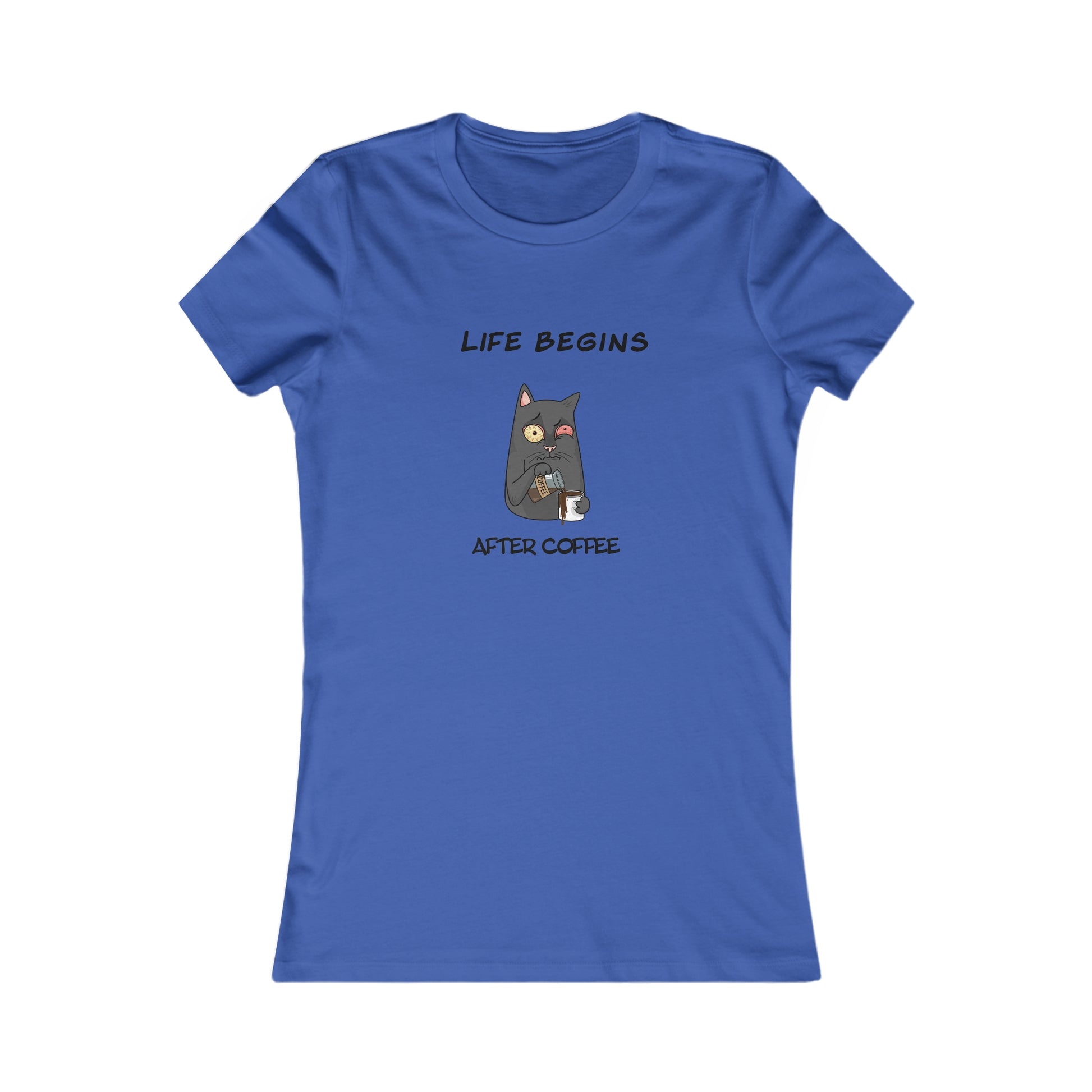 Blue Printify T-shirt with cat holding coffee and text Life Begins After Coffee coffee and tees