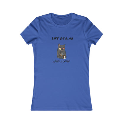 Blue Printify T-shirt with cat holding coffee and text Life Begins After Coffee coffee and tees