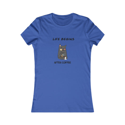 Blue Printify T-shirt with cat holding coffee and text Life Begins After Coffee coffee and tees