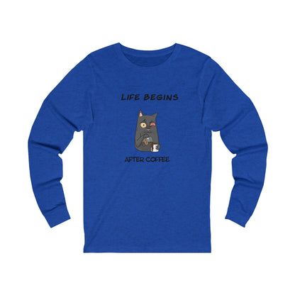 Printify blue long-sleeve shirt with life begins after coffee cat design coffee and tees