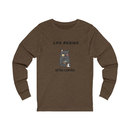 Printify brown long-sleeve shirt with cat and coffee cup design featuring life begins after coffee text coffee and tees