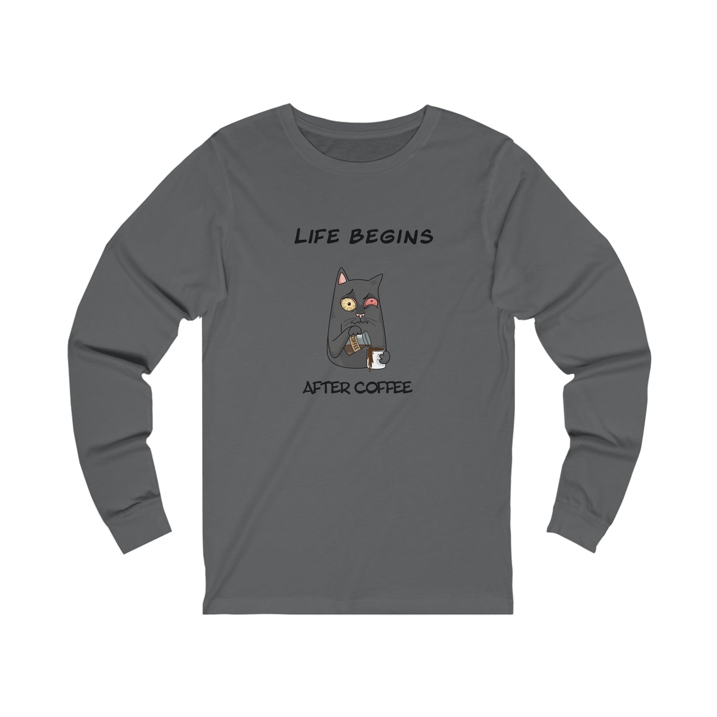 Printify long-sleeve gray shirt with cat holding coffee and Life Begins After Coffee text coffee and tees