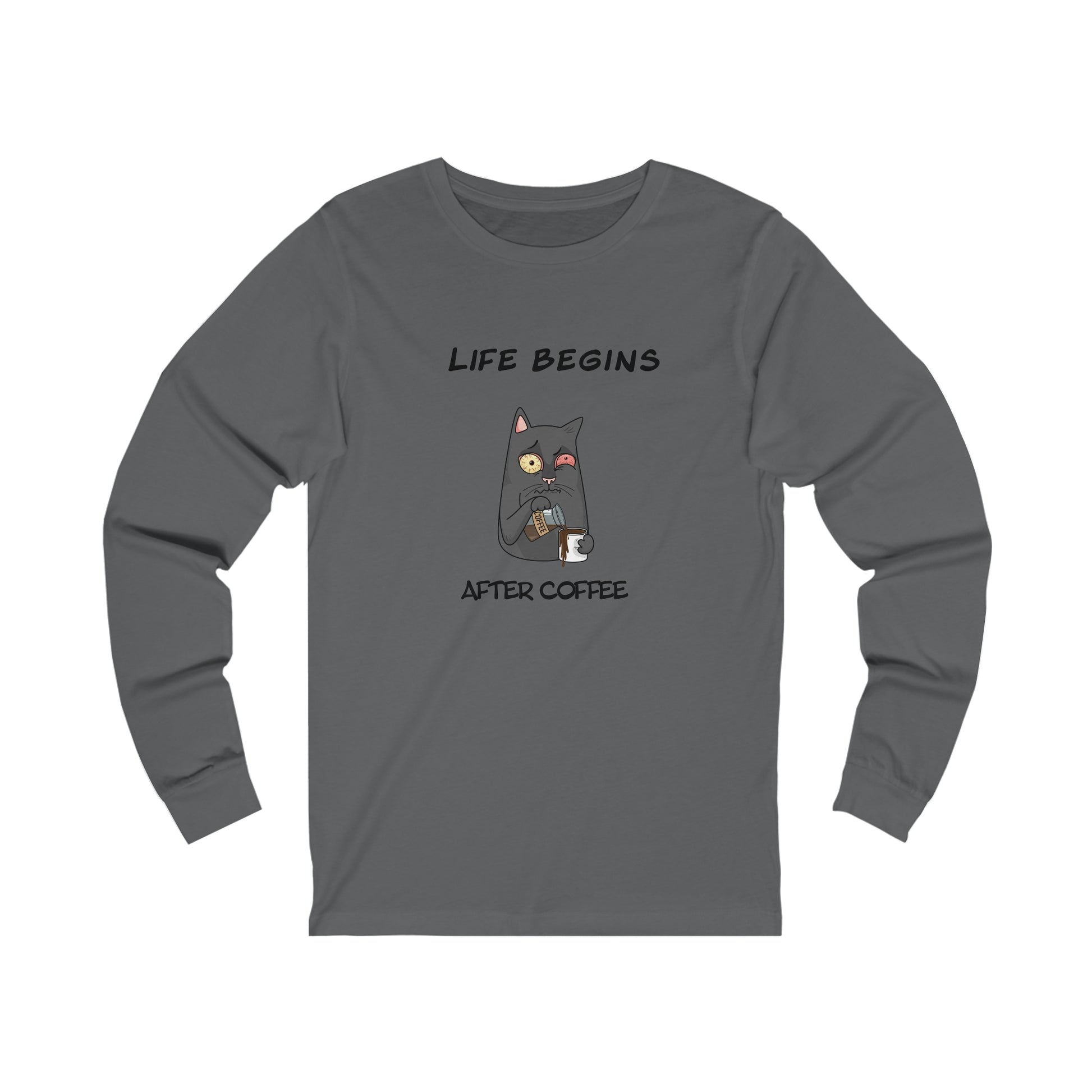 Printify long-sleeve gray shirt with cat holding coffee and Life Begins After Coffee text coffee and tees