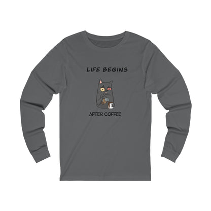 Printify long-sleeve gray shirt with cat holding coffee and Life Begins After Coffee text coffee and tees