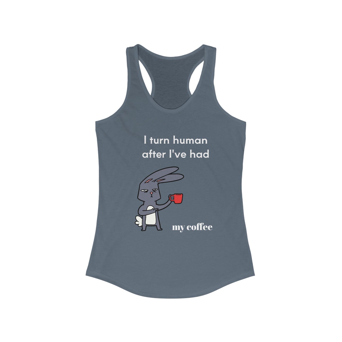 Printify gray tank top with coffee and tees design featuring a cartoon rabbit holding a red coffee cup