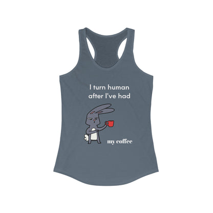 Printify gray tank top with coffee and tees design featuring a cartoon rabbit holding a red coffee cup