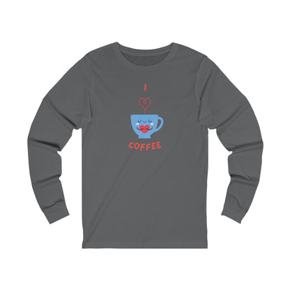 Printify long sleeve gray shirt with cute blue coffee cup graphic and I love coffee text coffee and tees