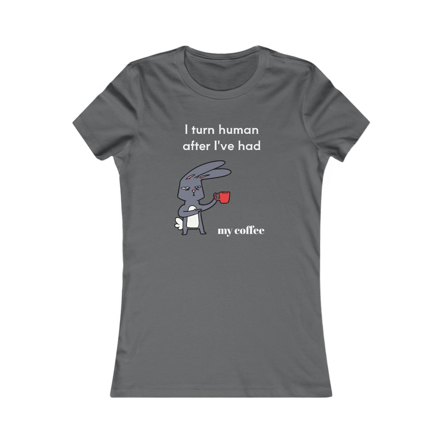 Gray Printify T-shirt with cartoon rabbit holding red coffee cup and coffee and tees text